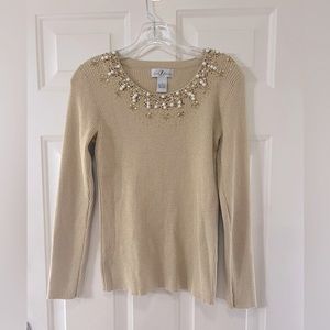 ONCE 1 AGAIN Gold Scalloped Beaded Neckline Long Sleeve Ribbed Knit Sweater L